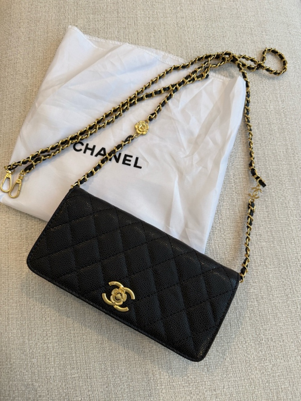 Black Quilted Leather Chain Wallet with Gold Hardware
